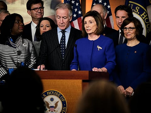 House Speaker Rep. Nancy Pelosi (D-Calif.) and other members of the House announce the completion of the USMCA trade agreement, on Capitol Hill in Washington, Tuesday, Dec. 10, 2019.
