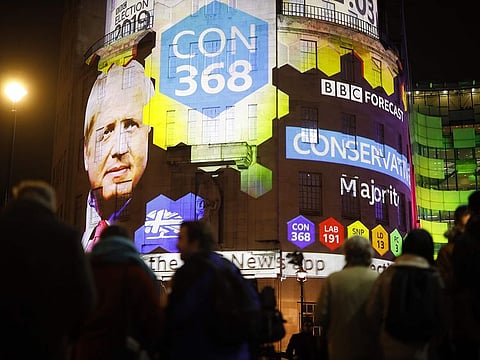 Exit poll results projected on the outside of the BBC building in London shows Britain's Prime Minister Boris Johnson's Conservative Party predicted to win 368 seats and a majority as the ballots begin to be counted in the general election on December 12, 2019.