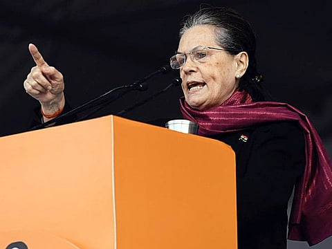 Congress President Sonia Gandhi addresses supporters during 'Bharat Bachao' rally at Ramlila Maidan in New Delhi.
