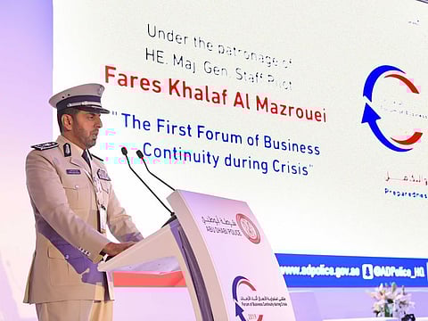 The Abu Dhabi Police recommended its stakeholders and business community to share expertise to fight emergencies in tje country, officials from Abu Dhabi Police said on Monday.
Held under the patronage of Major General Staff Pilot Faris Khalaf Al Mazrouie Commander-in-Chief of Abu Dhabi Police at Fairmont Bab Al Bahr Hotel in Abu Dhabi, the First Forum of Business Continuity during Crisis has recommended that joint meetings should be held between the Disaster Management and Business Continuity teams of all strategic partners and Abu Dhabi Police's Crisis and Disaster Department.