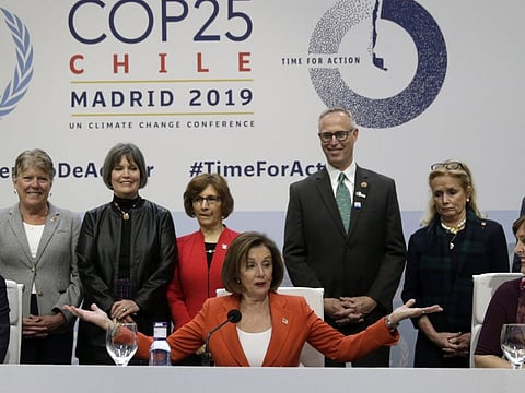 US House Speaker Nancy Pelosi speaks during a press conference at the COP25 climate talks summit in Madrid