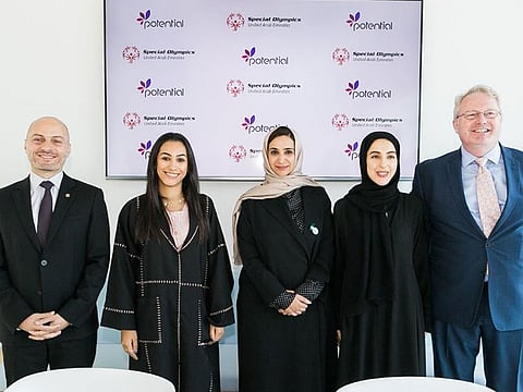 Right to left, Gavin Anderson, British Council Country Director, H.E Shamma Bint Suhail AL Mazrui Minister of State for Youth, Jameela Bint Salem Al Muhairi, Minister of State for Public Education, Layla Al Hajjaj Director of Initiatives and Health Special Olympics, Representative from Potential