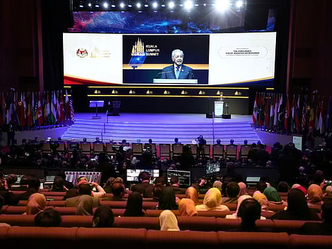 Malaysia’s Prime Minister Mahathir Mohamad delivers his keynote address during Kuala Lumpur Summit on December 19, 2019.