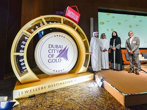 (Left to Right)Ahmad Al Khaja, CEO, Dubai Festivals and Retail Establishment, Laila Suhail, Board Member & Chairperson, Marketing, Dubai Gold and Jewellery Group and CEO, Strategic Alliance and Partnerships Sector DCTCM and entities, Tawhid Abdullah, Chairman, Dubai Gold & Jewellery Group (DGJG), and Chetan Karani, Secretary, Dubai Gold and Jewellery group, during the Unveiling the exclusive Jewellery for the 25th year of Dubai Shopping Festival(DSF) and launch the special edition of ‘ Dubai City of Gold Coin’ at Etihad museum in Dubai. 22nd December 2019. Photo: Ahmed Ramzan/ Gulf News