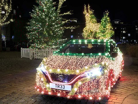 To prepare for the holiday season, Nissan outfitted the Leaf with thousands of multicoloured lights, as well as a tree and reindeer perched on the roof!