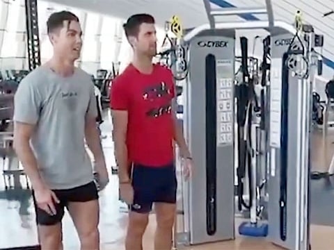 The pair were having fun as Ronaldo set Djokovic a target where he would run along with Djokovic and jump together.