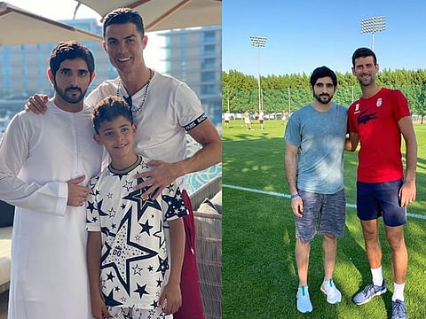 His Highness Sheikh Hamdan Bin Mohammed Bin Rashid Al Maktoum, Crown Prince of Dubai and Chairman of the Executive Council of Dubai with Cristiano Ronaldo and Novak Djokovic