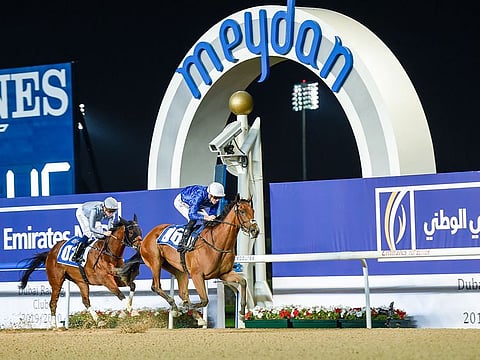 Final Song, ridden by Christophe Soumillon, on her way to win the UAE 1000 Guineas Trial at Meydan Racecourse, during the Dubai World Cup Carnival