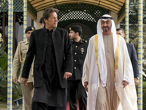 Sheikh Mohamed Bin Zayed is being received by Prime Minister Imran Khan on his arrival in Islamabad.