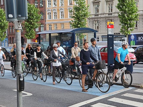 Bikes in centre of city in Copenhagen.