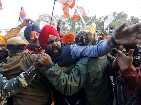 Supporters of India's ruling Bharatiya Janata Party (BJP) scuffle with police during a protest against the attack on a Sikh temple in Pakistan, according to local media, in New Delhi, India, January 4, 2020.