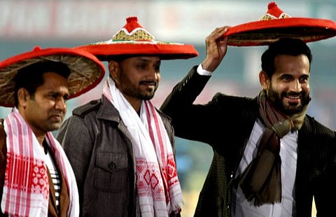 From right: Irfan Pathan, Harbhajan Singh and Aakash Chopra wear traditional Assamese gear before the start of the first T20I match between India and Sri Lanka in Guwahati on Sunday. The three former Indian internationals were doing the job of TV pundits.