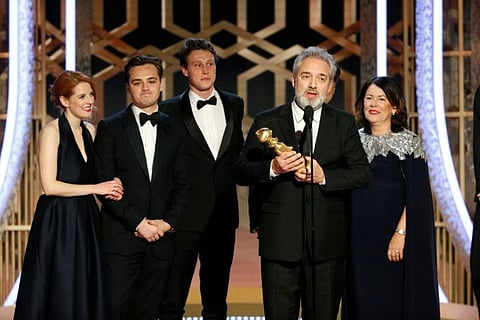 77th Golden Globe Awards - Show - Beverly Hills, California, U.S., January 5, 2020 - Sam Mendes accepts the award for Best Motion Picture, Drama, for "1917." Paul Drinkwater/NBC Universal/Handout via REUTERS For editorial use only. Additional clearance required for commercial or promotional use, contact your local office for assistance. Any commercial or promotional use of NBCUniversal content requires NBCUniversal's prior written consent. No book publishing without prior approval. NO SALES. NO ARCHIVES.