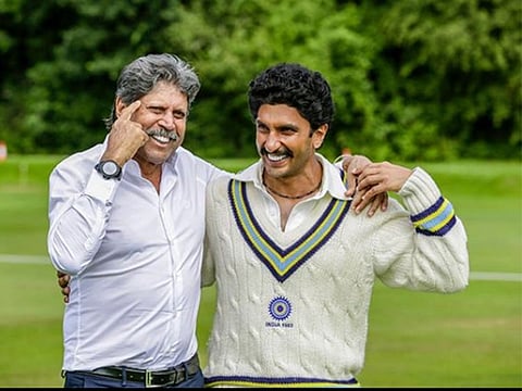 Kapil Dev (left) poses with Ranveer Singh, the Bollywood actor who plays the cricket legend's role in '83,' a Bolloywood film which captures the journey of India's first-ever World Cup triumph.