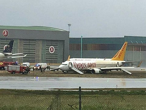 Pegasus Airlines Flight PC 747, a Boeing 737-800, departed Sharjah at 5.15am and arrived in Istanbul on time but appeared to skid off the runway at Sabiha Gokcen International Airport.