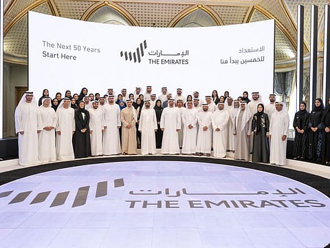 WAM
Shaikh Mohammad Bin Rashid and Shaikh Mohammad Bin Zayed at the official launch of the Seven Lines logo as the Nation Brand held as part of an event at Qasr Al Watan in Abu Dhabi to felicitate the Inspiring 49 team that designed the three logos.