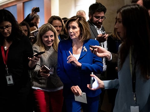 House Speaker Nancy Pelosi (D-Calif.) talks to reporters as she leaves a closed briefing about Iran on Capitol Hill in Washington on Wednesday, Jan. 8, 2020.