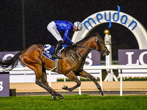 Key Victory, ridden by the jockey James Doyle, on the way to win the Longines Conquest Classic Trophy at Meydan Racecourse.
