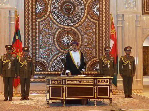Sultan Haitham bin Tariq al-Said is sworn in before the royal family council in Muscat