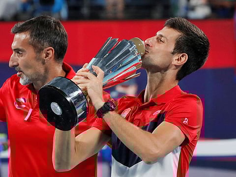 An emotional Novak Djokovic with ATP Cup alongwith Serbian captain Nenad Zimonjic last January. The fate of the prestigeous team event looks uncertain in the fallout of the Covid-19 pandemic.