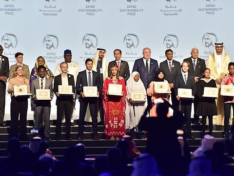 Abu Dhabi’s Crown Prince Shaikh Mohammed bin Zayed Al Nahyan and other delegates pose for a group picture with the winners at the Abu Dhabi Sustainability Week on 13th January, 2020. Photo Clint Egbert/Gulf News
