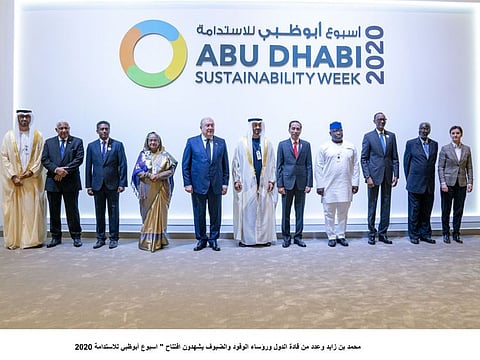 ABU DHABI, UNITED ARAB EMIRATES - January 13, 2020: HH Sheikh Mohamed bin Zayed Al Nahyan, Crown Prince of Abu Dhabi and Deputy Supreme Commander of the UAE Armed Forces (6th L), stands for a group photo with Heads of State during the opening ceremony of the World Future Energy Summit 2020, part of Abu Dhabi Sustainability Week, at Abu Dhabi National Exhibition Centre (ADNEC). Seen with HE Dr Sultan Ahmed Al Jaber, UAE Minister of State, Chairman of Masdar and CEO of ADNOC Group (L), HE Frank Bainimarama, Prime Minister of Fiji (2nd L), HE Danny Faure, President of the Seychelles (3rd L), HE Sheikh Hasina, Prime Minister of Bangladesh (4th L), HE Armen Sarkissian, President of Armenia (5th L), HE Joko Widodo, President of Indonesia (7th L), HE Julius Maada Bio, president of Sierra Leone (8th L), HE Paul Kagame, President of Rwanda (9th L) and HE Ana Brnabic, Prime Minister of Serbia (R).
( Hamad Al Kaabi  / Ministry of Presidential Affairs )
---