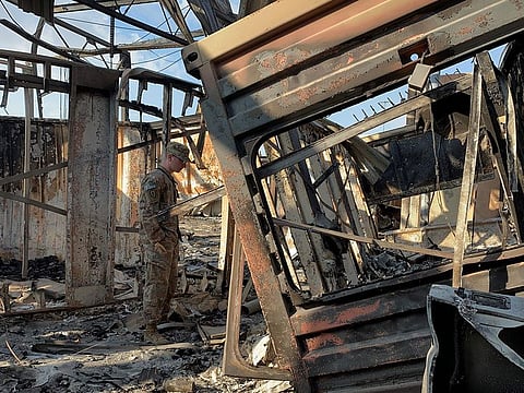 A picture taken on January 13, 2020 during a press tour organised by the US-led coalition fighting the remnants of the Islamic State group, shows a view of the damage at Ain al-Asad military airbase housing US and other foreign troops in the western Iraqi province of Anbar. Iran last week launched a wave of missiles at the sprawling Ain al-Asad airbase in western Iraq and a base in Arbil, capital of Iraq's autonomous Kurdish region, both hosting US and other foreign troops, in retaliation for the US killing top Iranian general Qasem Soleimani in a drone strike in Baghdad on January 3