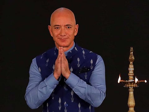 Jeff Bezos, founder of Amazon, attends a company event in New Delhi, India.