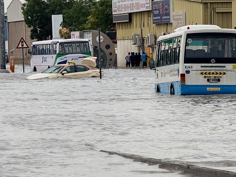Stranded vehicles on a flooded raod in Al Quoz after heavy rain on Saturday 11 January 2020. Photo: Virendra Saklani/Gulf News