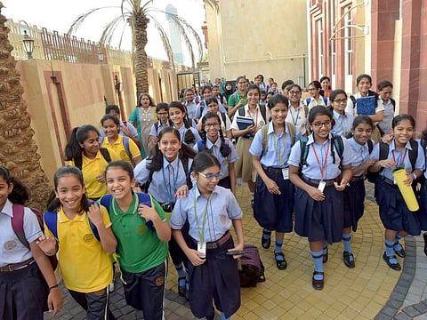 Jubilant students of Indian High School, Oud Metha, Dubai arriving on the first day after a long summer break on 02 September 2018.