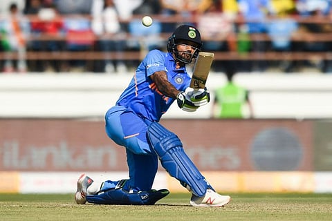 India’s Shikhar Dhawan in full flow during his innings of 96 in the second One day International against Australia in Rajkot on Friday.
