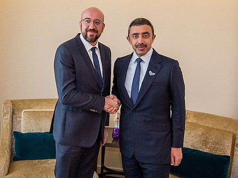 Sheikh Abdullah bin Zayed with Charles Michel, President of the European Council, at the Berlin meeting on Libya.