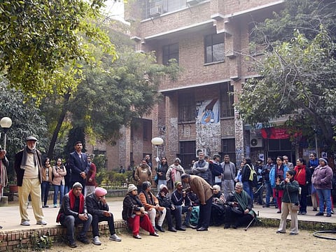 JNU professors during a protest organised by the teacher's Association of JNU against the resignation of Vice-Chancellor, outside the School of International Studies in New Delhi