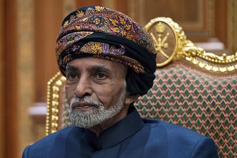 FILE - In this Jan. 14, 2019 file photo, Sultan Qaboos bin Said of Oman sits during a meeting with Secretary of State Mike Pompeo at the Beit Al Baraka Royal Palace in Muscat, Oman. Oman's 79-year-old ruler Sultan Qaboos bin Said is in "stable condition" and is following a doctor-prescribed medical treatment, the nation's royal court announced Tuesday, Dec. 31, 2019, amid days of worried speculation about his health. (Andrew Caballero-Reynolds/Pool Photo via AP, File)