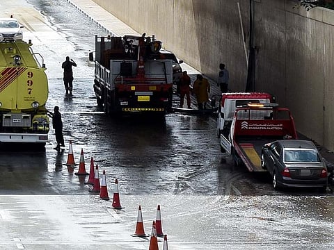 Recovery vehicle seen helping a car after heavy rain on Saturday 11 January 2020. Photo: Virendra Saklani/Gulf News