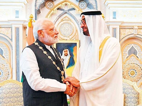 His Highness Shaikh Mohammad Bin Zayed Al Nahyan, Crown Prince of Abu Dhabi and Deputy Supreme Commander of the UAE Armed Forces, confers the UAE’s highest civilian honour, the Order of Zayed, to Indian Prime Minister Narendra Modi at the Presidential Palace in Abu Dhabi in 2019