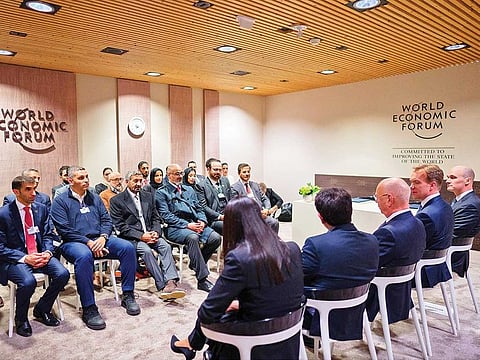 The UAE Government delegation to Davos 2020, led by Shaikh Khalid and Shaikh Ahmad, during a coordination meeting with Professor Klaus Schwab, Founder and Executive Chairman of the World Economic Forum, WEF, in Davos