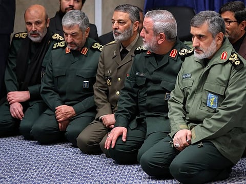 A photo provided by the Office of the Iranian Supreme Leader shows Gen. Amir Ali Hajizadeh, commander of the Guards’ Aerospace Force, far right, mourning the death of Gen. Qassem Soleimani in Tehran. For three days, Iranian military officials knew they had shot down a Ukrainian jetliner while the government issued false statements, denying any responsibility.