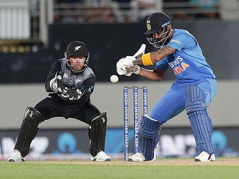 India’s Lokesh Rahul (R) bats as New Zealand’s wicketkeeper Tim Seifert (L) reacts during the second Twenty20 cricket match between them at Eden Park in Auckland on January 26, 2020.