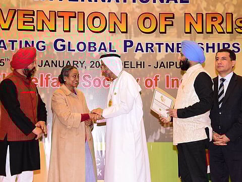Ahmed bin Mohammed Al Jarwan receiving the Gandhi Peace Prize in New Delhi on Saturday