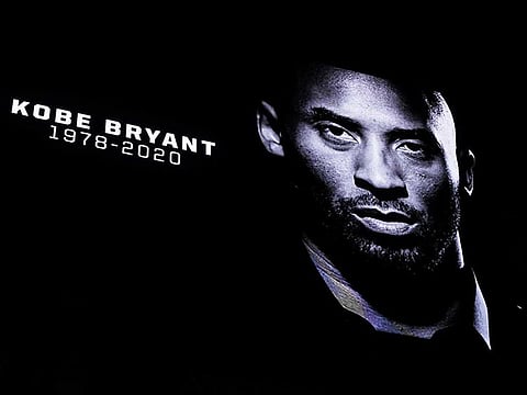 A tribute is shown on the video board during a moment of silence acknowledging Kobe Bryant before the game between the San Antonio Spurs and Toronto Raptors at the AT&T Center.