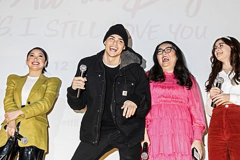 Novelist Jenny Han, second from right, and actors, from left: Lana Condor, Noah Centineo and Anna Cathcart, at an early screening of “P.S. I Still Love You,” at the Paris Theater in New York, Jan. 24, 2020.