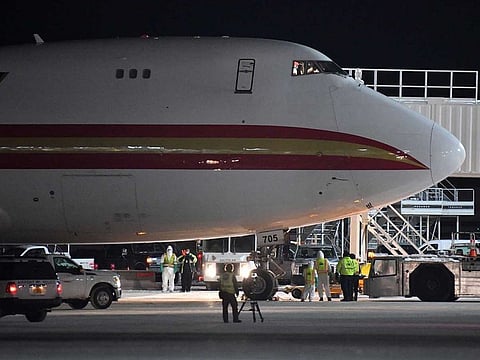 A Boeing 747-4B5(F), on a charter flight from Wuhan, China, arrives at Ted Stevens Anchorage International Airport.