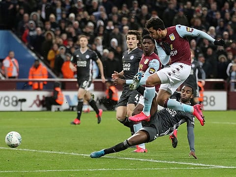 Aston Villa's Trezeguet scores their second goal against Leicester City in the League Cup.