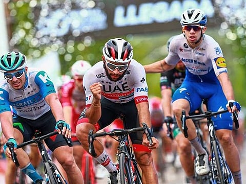 UAE Team Emirates' Gaviria celebrates his win.