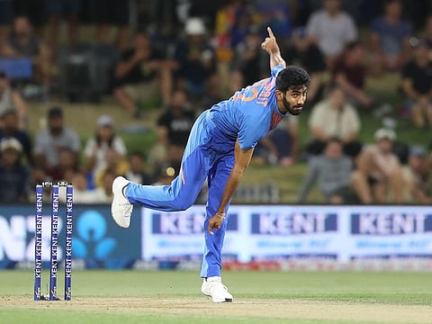 India’s Jasprit Bumrah bowls during the fifth Twenty20 cricket match against New Zealand at the Bay Oval in Mount Maunganui on February 2, 2020.