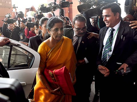 India's Finance Minister Nirmala Sitharaman arrives at Parliament to present the 2020-21 budget, in New Delhi on February 1.