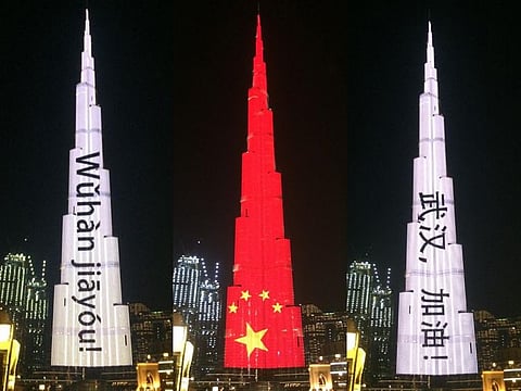 The Burj Khalifa lit up on Sunday night "to show support for Wuhan and Chinese communities around the world."