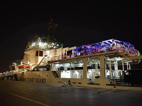 The Indian Coast Guard Ship Samudra Paheredar docks at the Port Rashid in Dubai