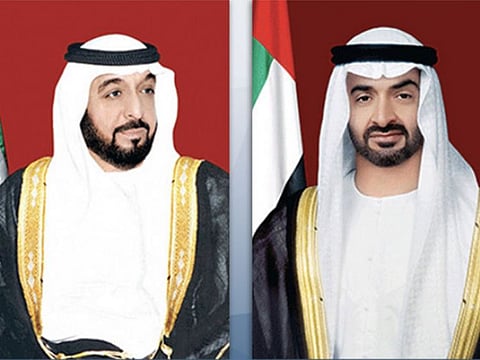 President His Highness Sheikh Khalifa Bin Zayed Al Nahyan (left), and His Highness Sheikh Mohamed Bin Zayed Al Nahyan, Crown Prince of Abu Dhabi and Deputy Supreme Commander of the UAE Armed Forces.